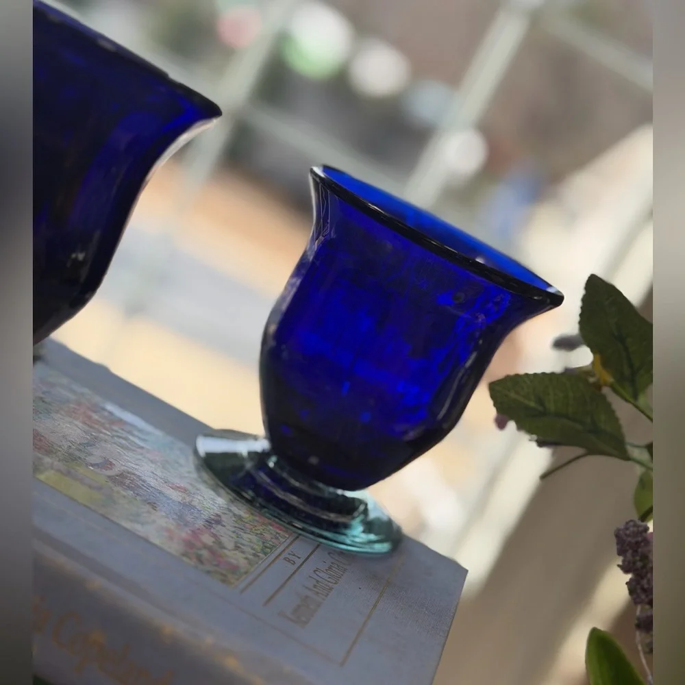 8 Handblown Cobalt Drinking Glasses. 4”T. Pedestal | Vintage | Vibrant | EUC